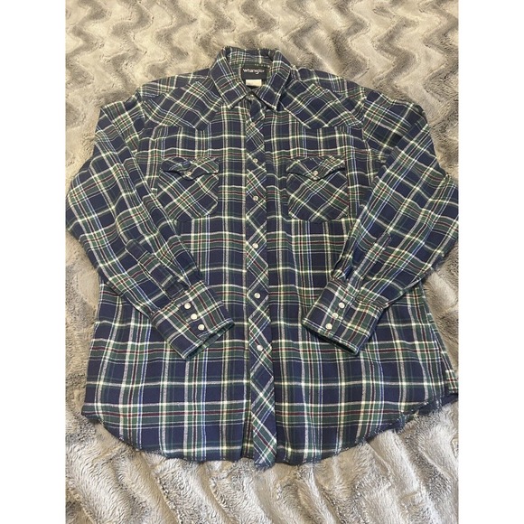 Vintage Wrangler Pearl Snap Long-Sleeve Western Cowboy Flannel Mens Large - Picture 1 of 5